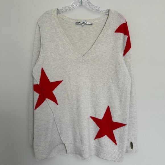 Pam & Gela Grey Red Star Print Sweater Size S Asymmetrical Wool Alpaca Blend - Picture 3 of 9